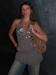 Grey Halter Bead Sequin Mesh Mini Dress