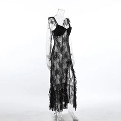 Black Lace Sheer Ruffle Strap Maxi Dress