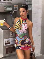 Pop Art Comic Print Halter Bodycon Mini Dress