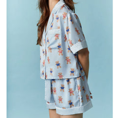 Blue Bear Print V Neck Short Sleeve Top with Shorts Lounge Wear Set