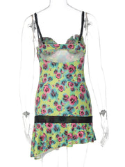 Green Floral Printed Lace Trim Mini Dress