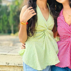 Gingham Halter Neck Twist Front Peplum Top