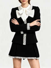 Black Lace Bow Quilted Short Blazer And Skirt Set