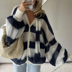 Striped Knit Cardigan With Scarf