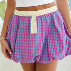 Checkered Elastic Band Bubble Mini Skirt