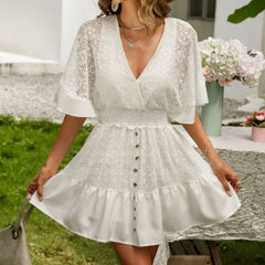 White Lace Flared Short Sleeves V-neck Mini Dress