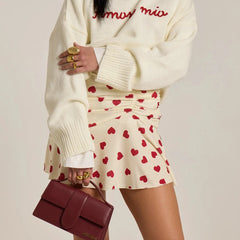 Pleated Heart Printed Mini Skirt