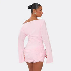 Pink Off-Shoulder Long Sleeve Ruched Mini Dress