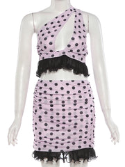 Pink Ruffled Hem Polka Dot Crop Top And Ruched Mini Skirt Set