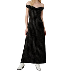 Dotted Off Shoulder Wrap Around Open Back Long Dress