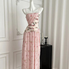 Pink Floral Pleated Slip Long Dress