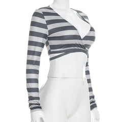 Striped Deep V-Neck Long Sleeve Crop Top