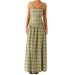 Green Plaid Halter Maxi Dress