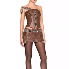 Brow Pu Printed Patchwork Corset And Mini Skirt Set