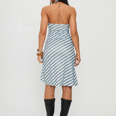 Blue Striped Sleeveless Halter Neck Tank Tops And Asymmetric Midi Skirt Set