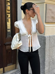 Satin Sheer Chiffon Tie Front Top