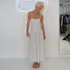 Polka Dot Patchwork Print Halter Maxi Dress