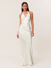 White Satin Lace Patchwork Halter Long Dress