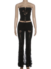 Heart Hollow Out Strapless Tops And Flare Pants Mesh Set