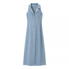 Denim Collar Buttoned Midi Dress