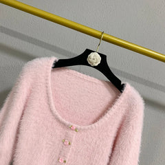 Fuzzy Rose Buttoned Cardigan
