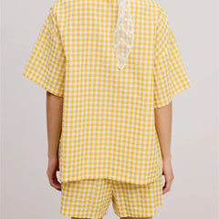 Yellow Short Sleeve O-Neck Tie Front Plaid Top And Shorts Set