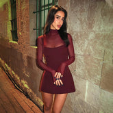 Red Mesh Patchwork Long Sleeve Turtleneck Short Dress