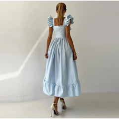 Ruffles Striped Square Collar Buttoned Long Dress