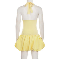 Yellow Halter Tie Up Puff Hem Mini Dress