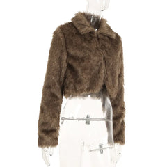 Brown Faux Fur Crop Coat With Patchwork Mini Skirt