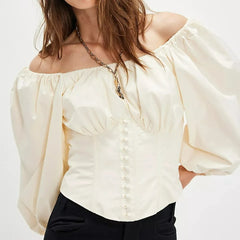 White Quarter Puff Sleeve Back Bow Top