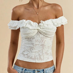 Ruffle Trim Off-Shoulder Sheer Blouse