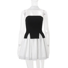 Black Cut Out Hem Tube Top And White Frill Mini Skirt With Scarf
