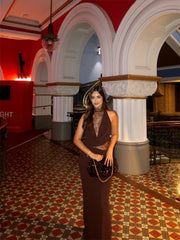 Brown Lace Hollow Out Cowl Maxi Dress