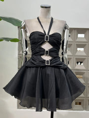 Halter Cut Out Metal Buckle Flare Mini Dress