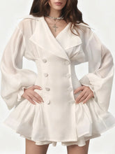 White Long Sleeve Mesh Ruffles Double Breasted Mini Dress