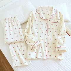 Print Cherry Long Sleeve Shirt And Pants Pajama Set