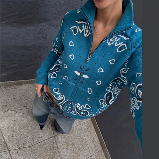 Paisley Knitted Zipper Stand Collar Cardigan Sweatshirt