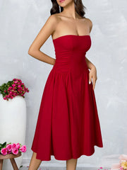 Strapless Solid Flare Red Midi Dress