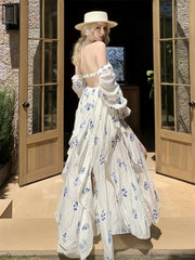 White Floral Print Flower Brooch Flowy Halter Maxi Dress