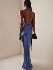 Blue Halter Neck One Shoulder Beaded Tassel Maxi Dress