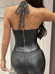 Black Sequin Strap Corset Top