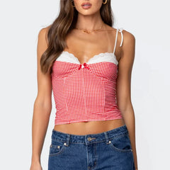 Gingham Lace Trim Spaghetti Strap Top