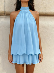 Tiered Ruffle Open Back Halter Mini Dress