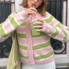 Fuzzy Mohair Striped Round Neck Button Crop Cardigan