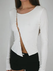 Button Long Sleeve Hollowed Out Top