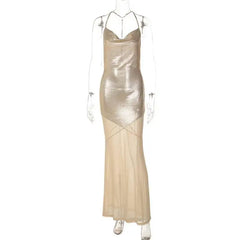 Metallic Spaghetti Strap Mesh Mermaid Maxi Dress