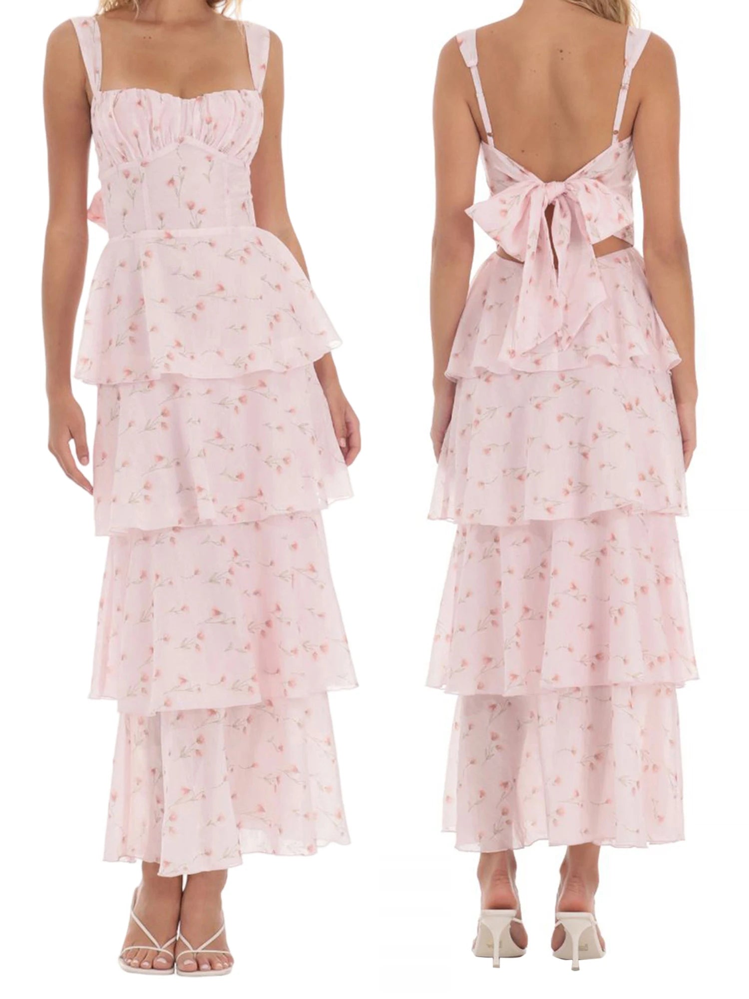 Pink floral dress with tiered layers and bow detail