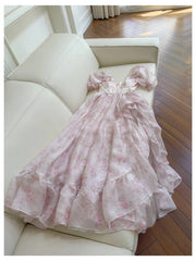 Pink Floral Square Puff Sleeve Flounced Midi Dress
