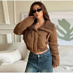Solid Cropped Collar Button Puff Jacket
